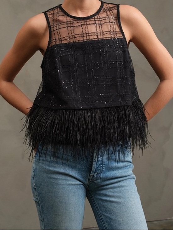 Raisonnel Tops - NWT Raisonnel Luxe Feather Trim Sequin Mesh Top Black S